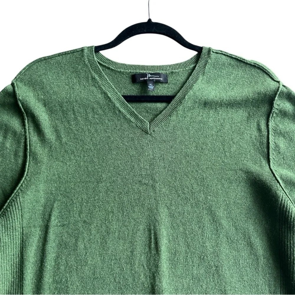 Marc Anthony Cotton Cashmere V-Neck Sweater Forest Green Ribbed XL